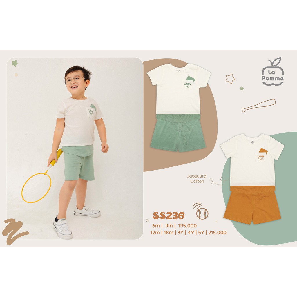 La Pomme- SS236- Bộ cộc tay bé trai thêu túi Bóng chày 2021 (12M-5Y)