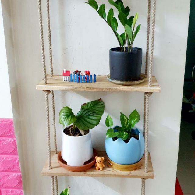 Kệ gỗ dây thừng treo tường retro, vintage