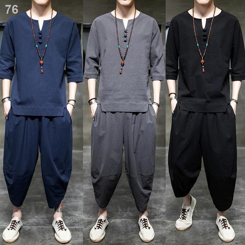 Kiểu Trung Quốc Bộ đồ lanh ngắn tay của nam giới Tang phù hợp với thanh niên Bộ đồ áo dài Trung Quốc Bộ đồ quần áo mùa h