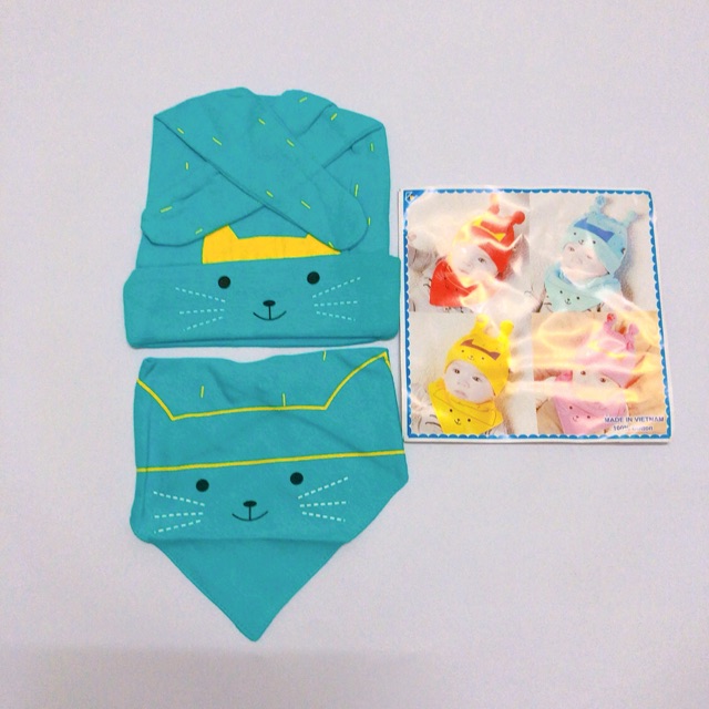 SET KHĂN + MŨ MÈO 100% COTTON CHO BÉ TỪ 3TH - 3T(MẪU 5)