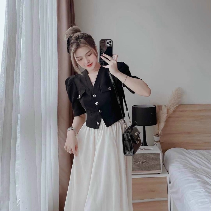 Sét váy thời trang nữ mặc đi chơi áo tiểu thư cotton lạnh kèm chân váy voan cao cấp