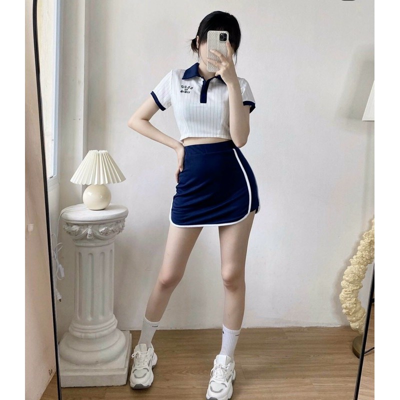 Set Áo croptop Polo sọc viền + chân váy thể thao