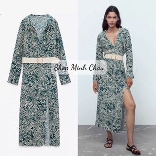 (Sẵn) Váy midi xanh hoạ tiết xẻ đùi Zarrraa dư sịn