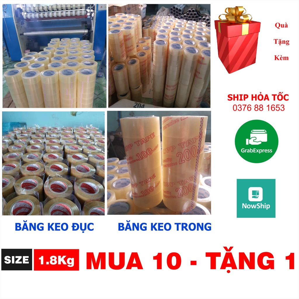 Băng keo giá rẻ tại xưởng loại 1.8kg/cuộn, băng keo cao cấp trong và đục các loại