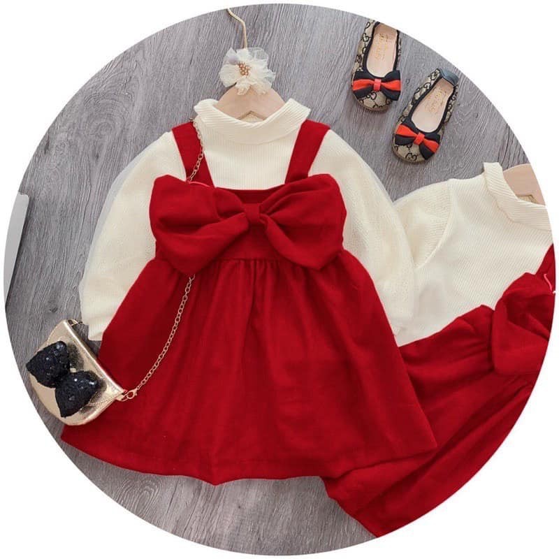 Set váy nhung nơ đỏ kèm áo len cực xinh cho bé đón mùa lễ hội , Váy Công Chúa Bé Gái , Váy lót bông bé gái cực ấm Chưa C