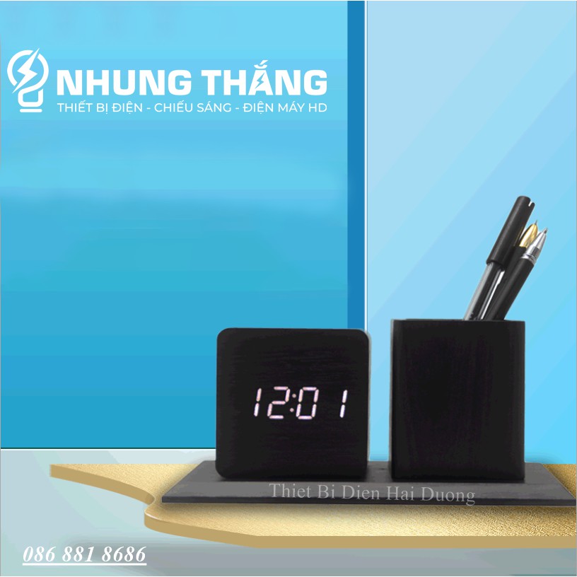 Đồng Hồ Gỗ Led Để Bàn Hình Vuông Bằng DH-96 - Kiêm Ống Đựng Bút - 4 Màu Thanh Lịch - Trang Trí Decor Vintage Căn Phòng