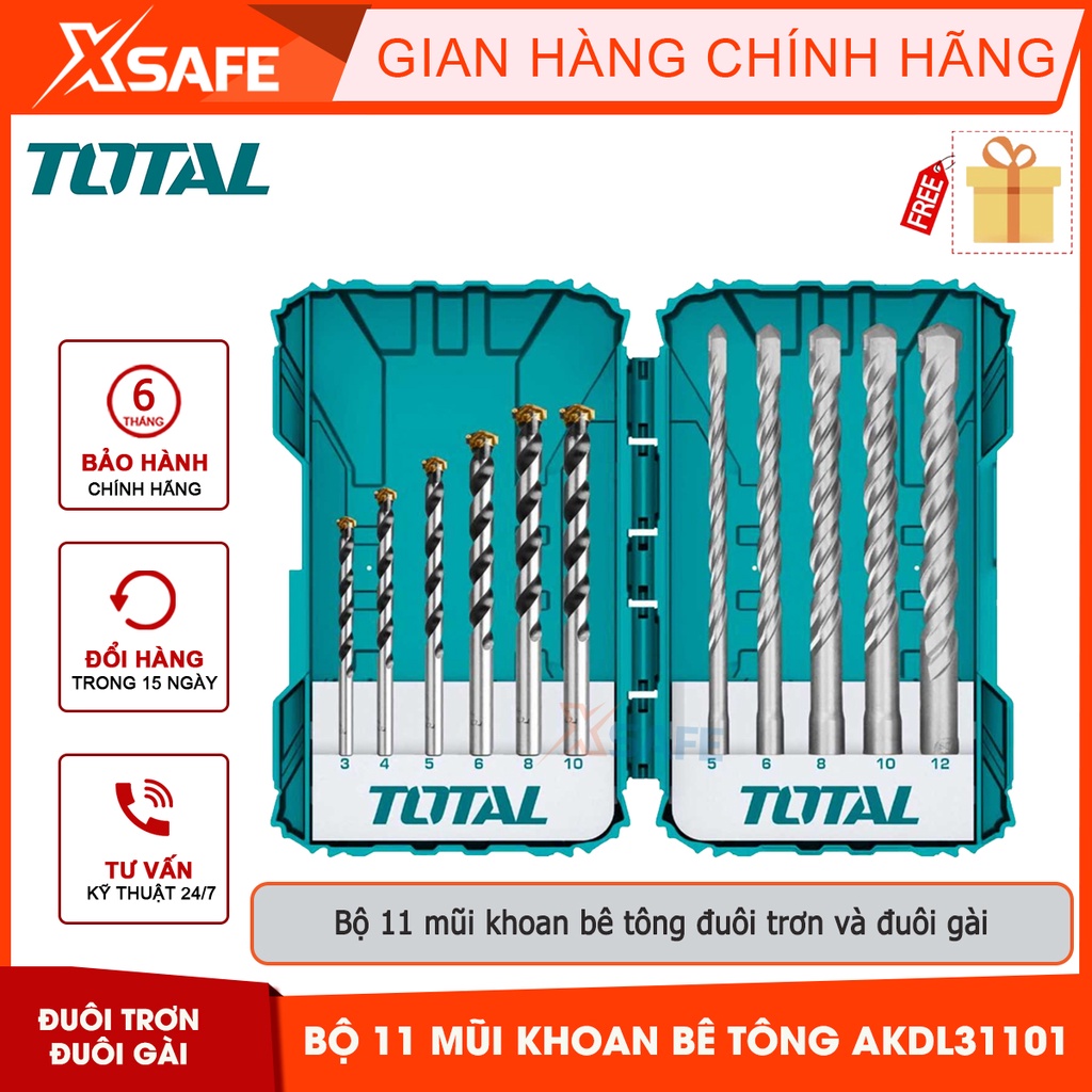 Bộ 11 mũi khoan bê tông đuôi trơn và đuôi gài TOTAL TACSDL31101 | bộ 11 mũi khoan kích thước 3, 4, 5, 6, 8, 10, 12mm