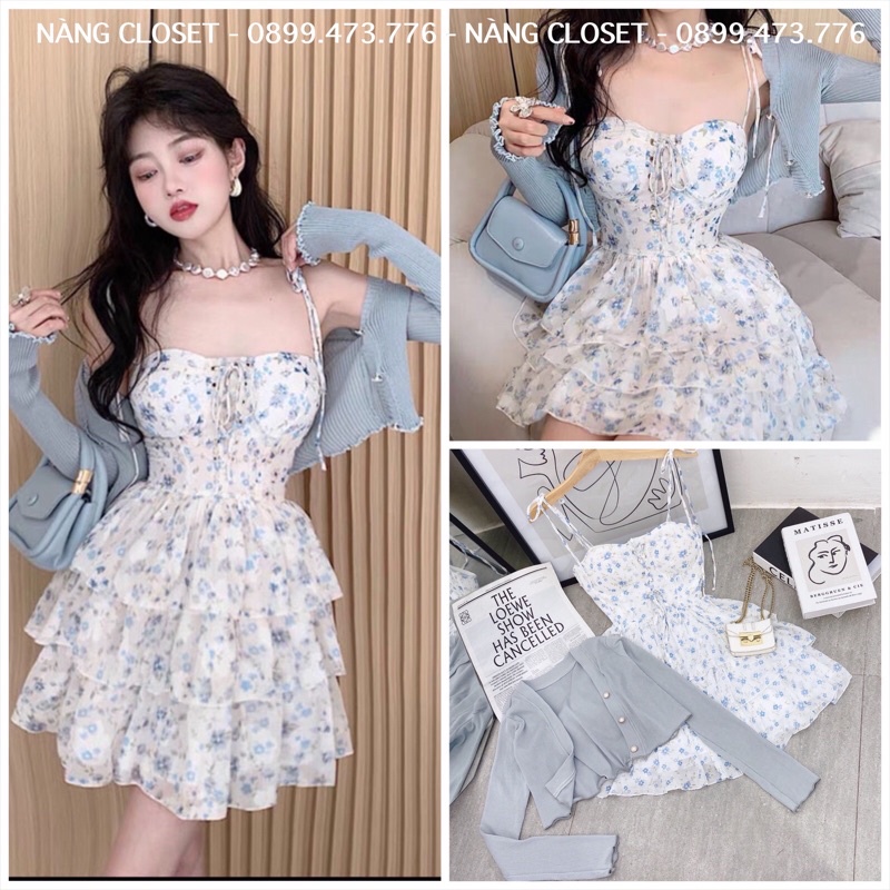 SET Đầm 2 dây tầng hoa xanh đan dây ngực kèm Áo Khoác dệt kim NÀNG CLOSET
