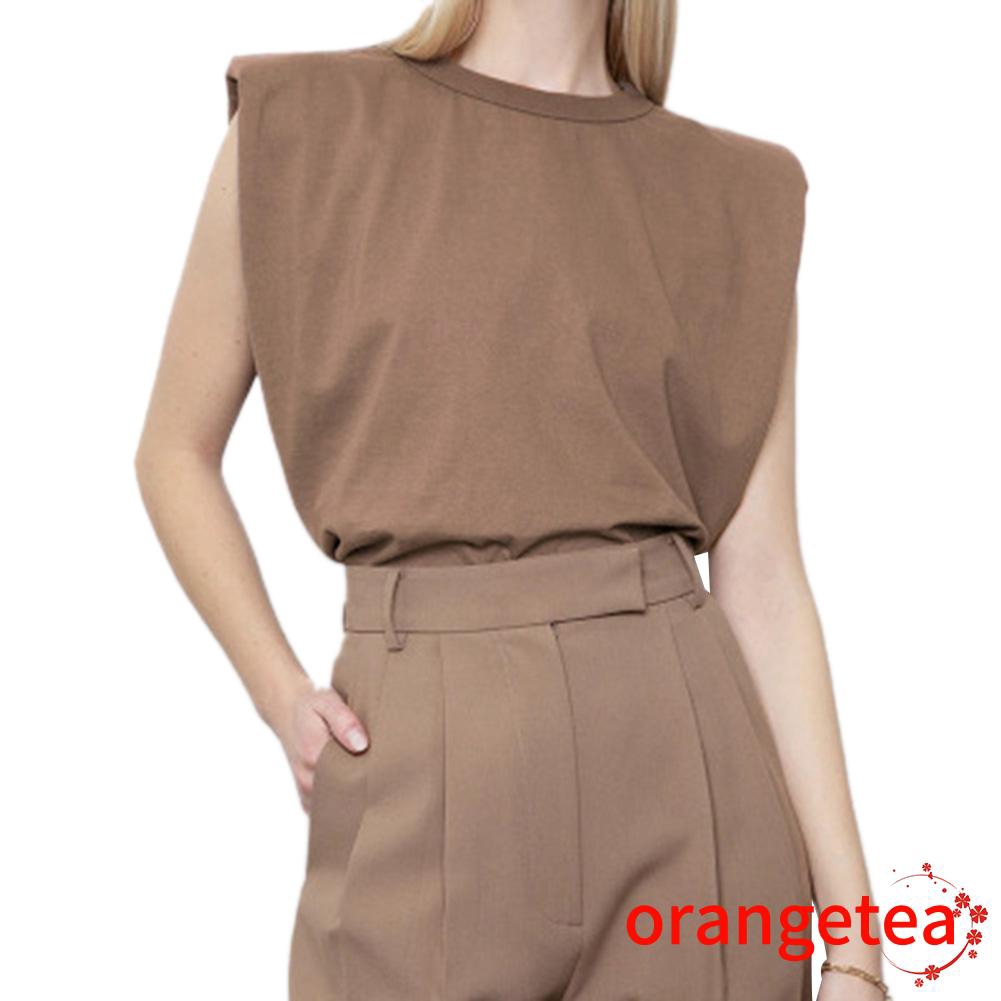 ➤♕❀❤Women Padded Shoulder T-shirts Sleeveless Solid Color Round Neck Top Casual Style Pullover