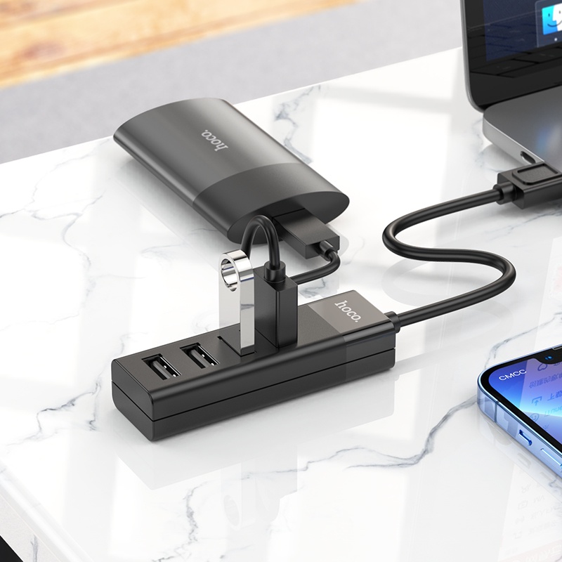 Hub chia cổng USB Hoco HB25 Type-C / USB ra 1 cổng USB 3.0 + 3 cổng USB 2.0 (Đen) - Hãng phân phối