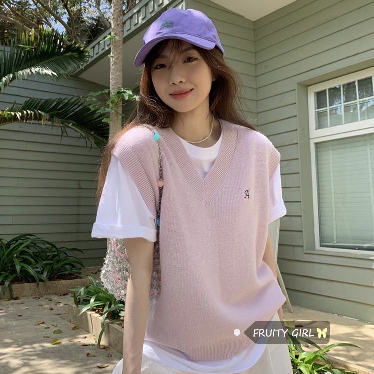 Áo Dệt Kim Sát Nách Dáng Rộng Cổ Chữ V Màu Trơn Đơn Giản Thời Trang Cho Nữ