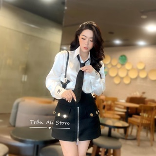 Set sơ mi cravat + váy dây kéo hình thật