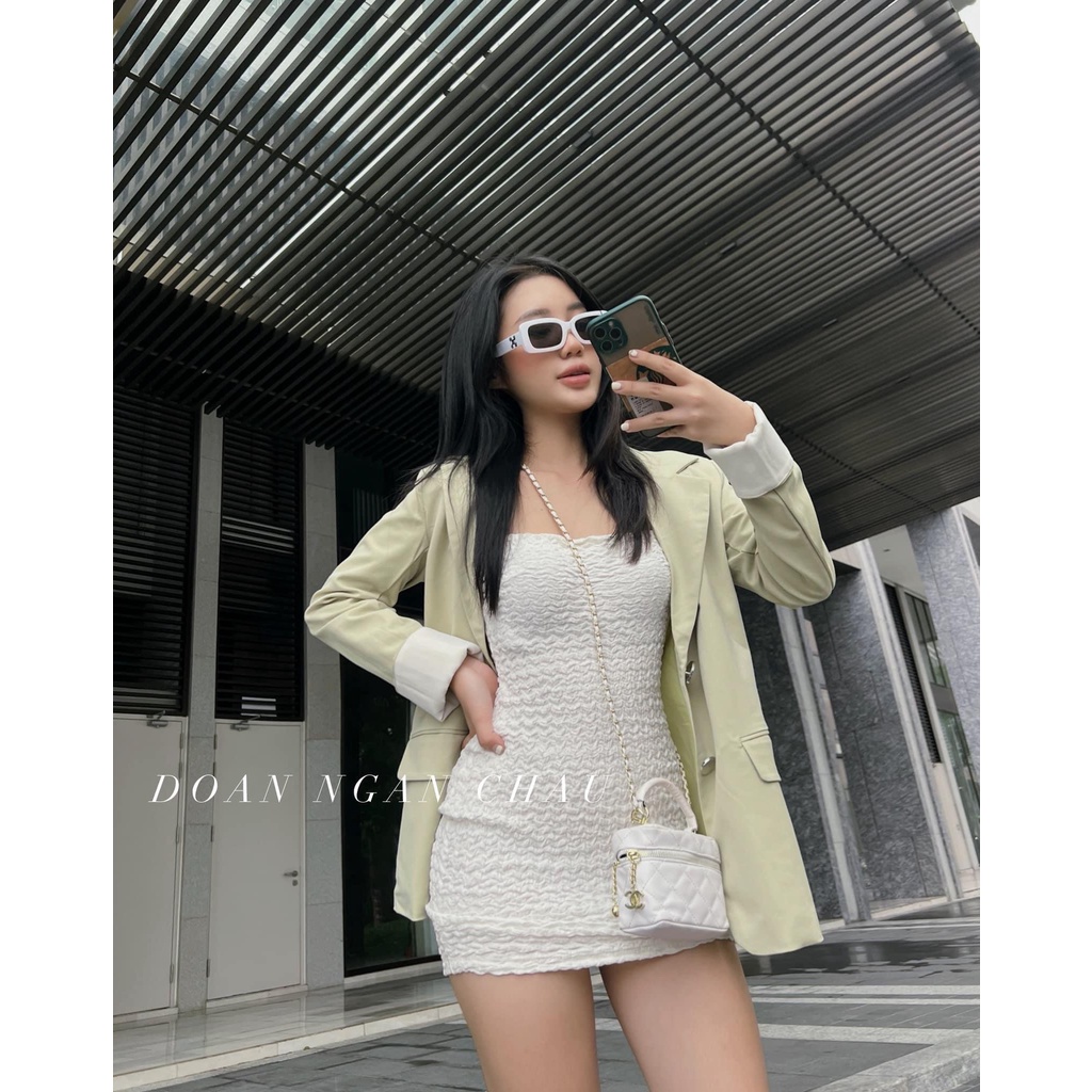 SET ĐẦM 2 DÂY BODY TRẮNG XỐP + ÁO VEST XANH MINT