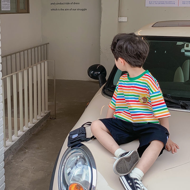 Áo Thun Cotton Tay Ngắn Họa Tiết Sọc Cầu Vồng Hoạt Hình Dễ Thương Cho Bé Trai