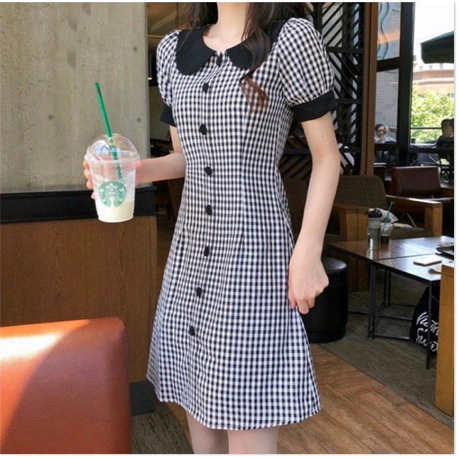 ĐẦM SUÔNG NỮ CARO PHỐI CỔ BÈO TAY BỒNG NHẸ THANH LỊCH TIỂU THƯ CỰC XINH