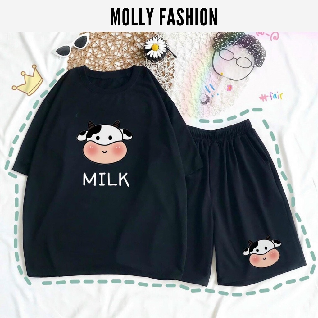 Đồ bộ hoạt hình ❤️ Bộ mặc nhà form rộng Unisex BÒ SỮA QUẦN ĐEN Freesize dành cho nam nữ Molly Fashion
