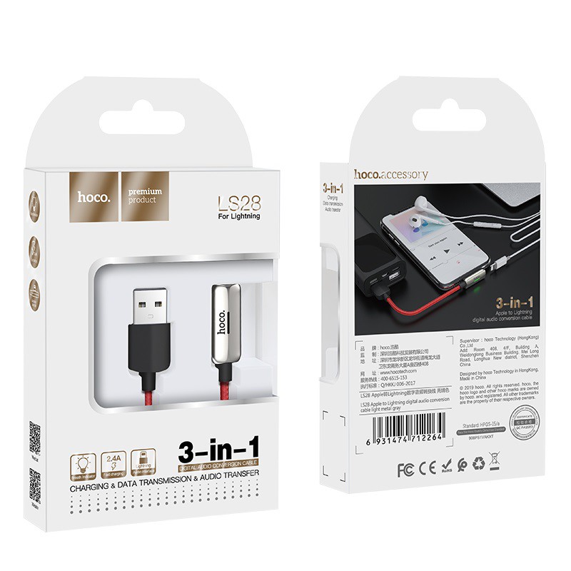 Cáp OTG Chia 1 Ra 2 Lighning Hoco LS28 3 in 1 Iphone/Ipad Chính Hãng