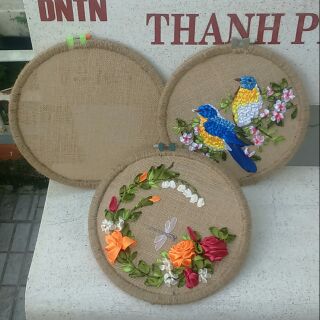 Khung tranh thêu ruy băng, túi vải bố thêu ruy băng