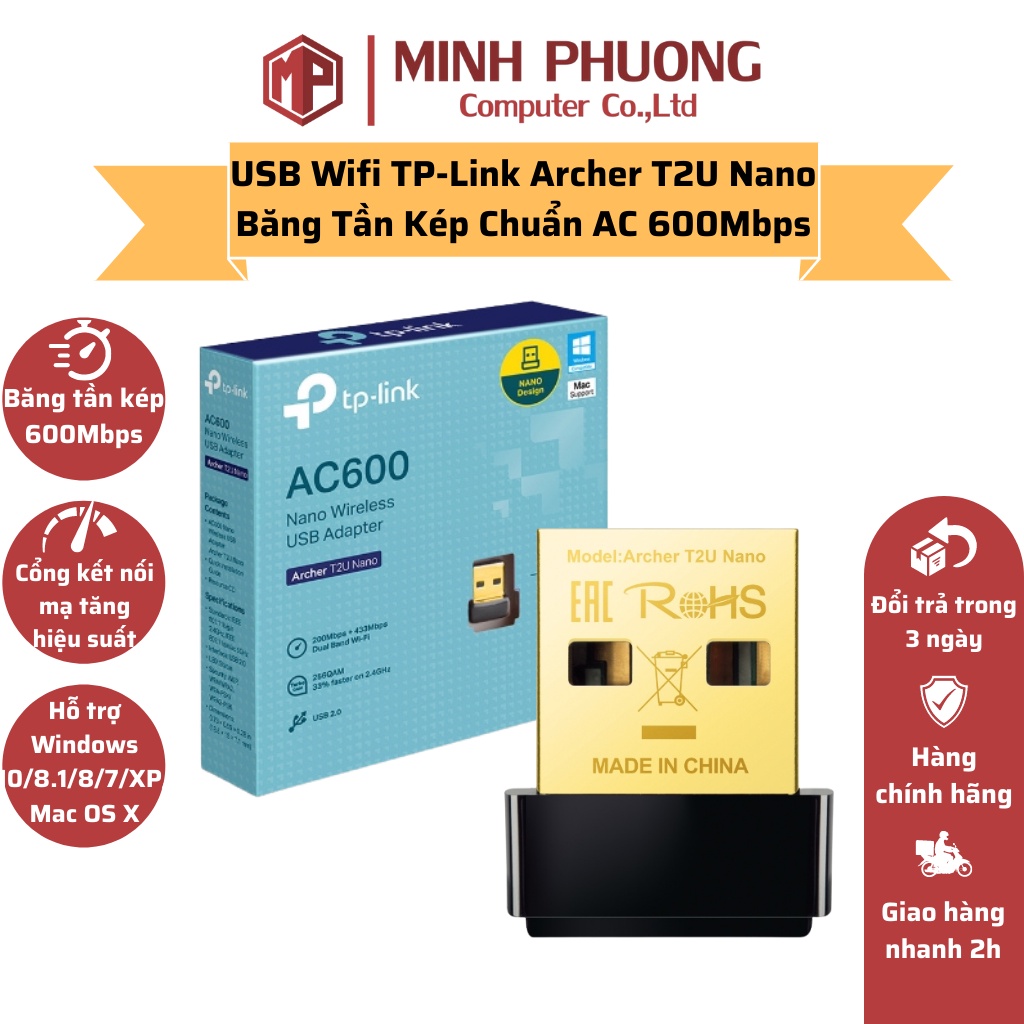 USB Wifi TP-Link Archer T2U Nano Băng Tần Kép Chuẩn AC 600Mbps - Hàng chính hãng