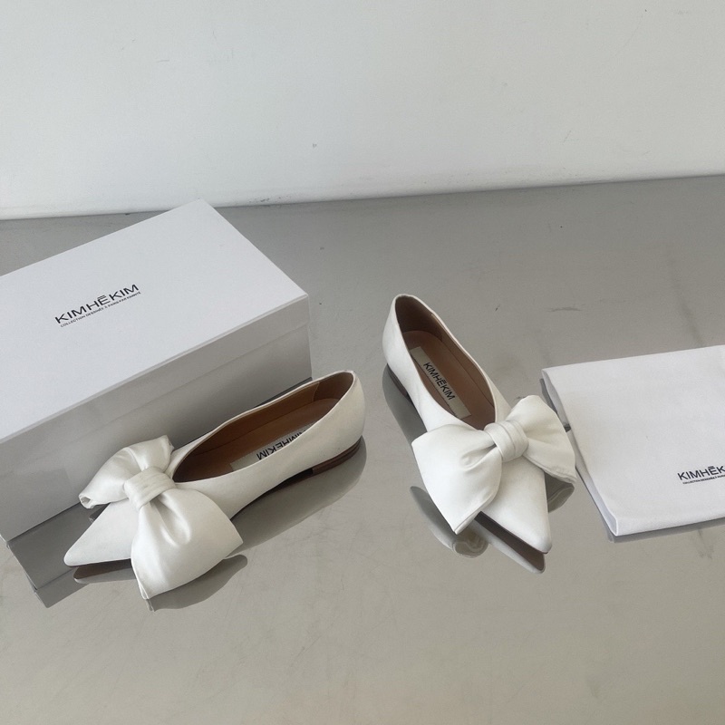 Giày búp bê mũi nhọn đính nơ bản to da thật cao cấp thương hiệu Kimhekim