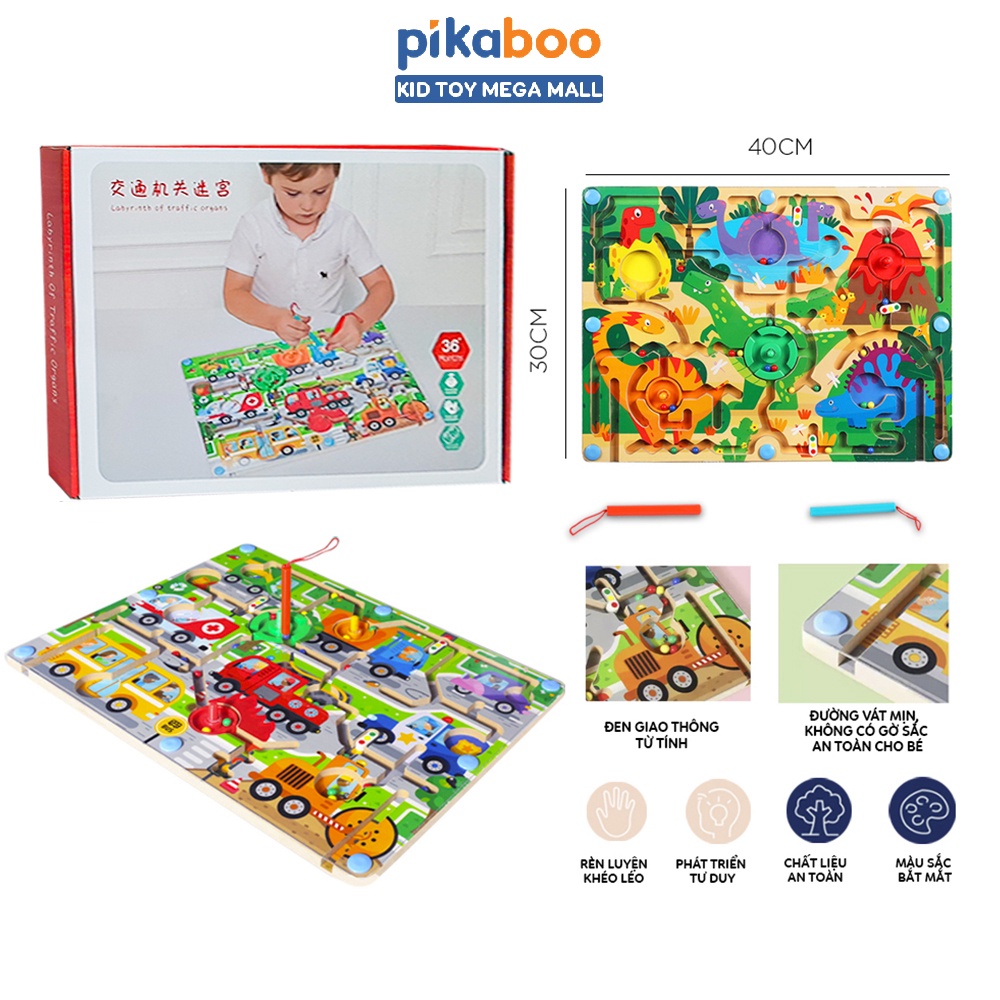 Đồ chơi mê cung khủng long từ tính Pikaboo bằng gỗ an toàn chủ đề khủng long cho bé từ 3 tuổi