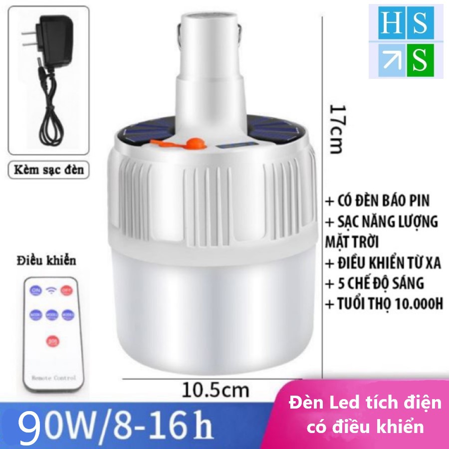 Đèn LED tích điện không dây - Đèn năng lượng mặt trời công suất 90W có remote điều khiển từ xa 5 chế độ sáng