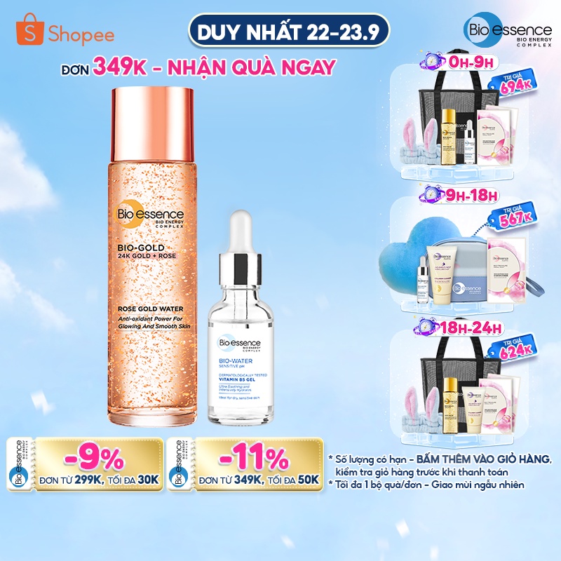Combo Tinh chất cấp ẩm &phục hồi Bio-essence Bio-water vitamin gel B5 30ml & Nước dưỡng ngừa lão hóa Bio-Gold Rose 100ml