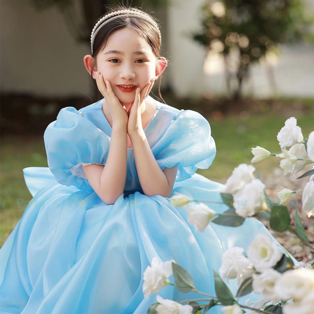 Váy Công Chúa Cho Bé Poopi Đầm Bé Gái Xòe Bồng Màu Xanh Đi Chơi Dự Tiệc Xinh Đẹp 15-37kg