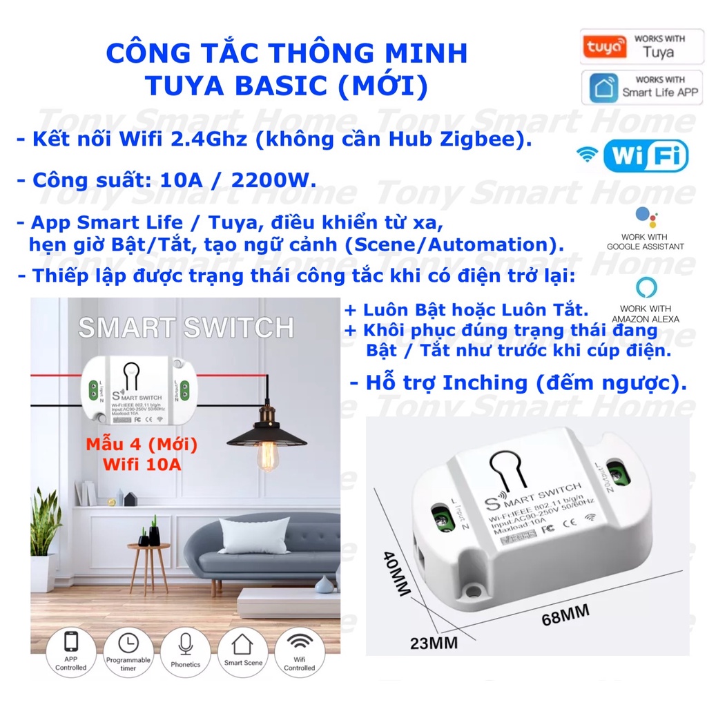 Công tắc thông minh Tuya Basic , kết nối Wifi, Zigbee , RF433 , App Smart Life hoặc Tuya -