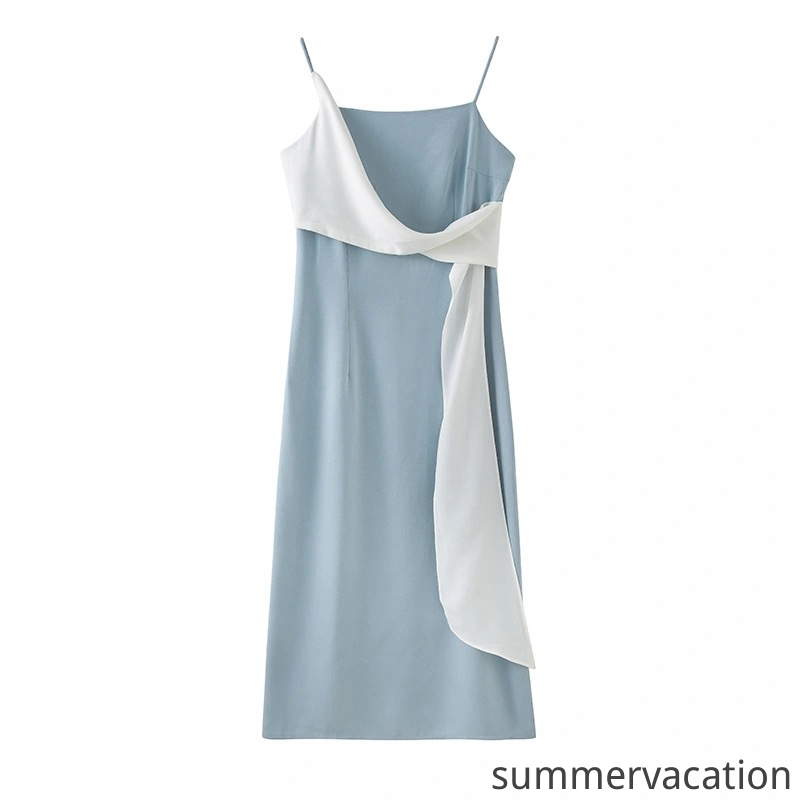 đầm tiểu thư váy kpop váy 2 dây đi biển Retro Midi Long Beach Dress Classic Morandi Blue+Contract Color White Fly Shoulder Strap Korean Fashion OL Style