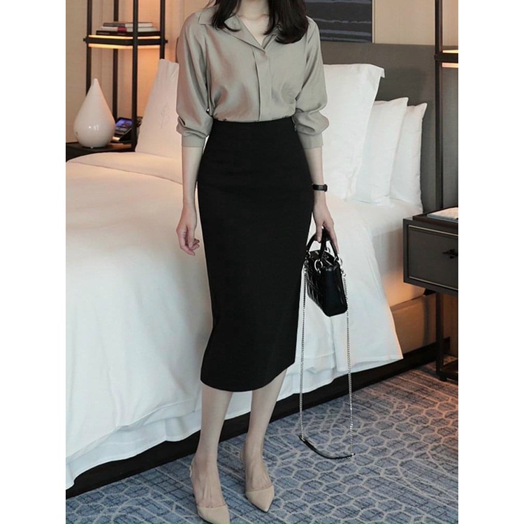 Chân váy bút chì dáng dài vải trượt