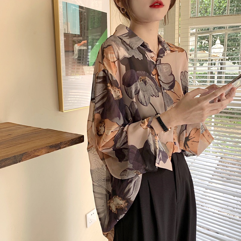 Áo Sơ Mi Chiffon Dài Tay Họa Tiết Hoa Thời Trang