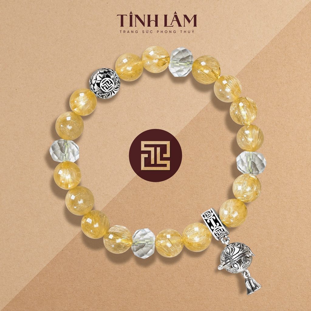 TINH LÂM Vòng Tay Phong Thủy Đá Thạch Anh Tóc Vàng 3A 8 Li - Charm Hoa Sen Phối Đá Thạch Anh