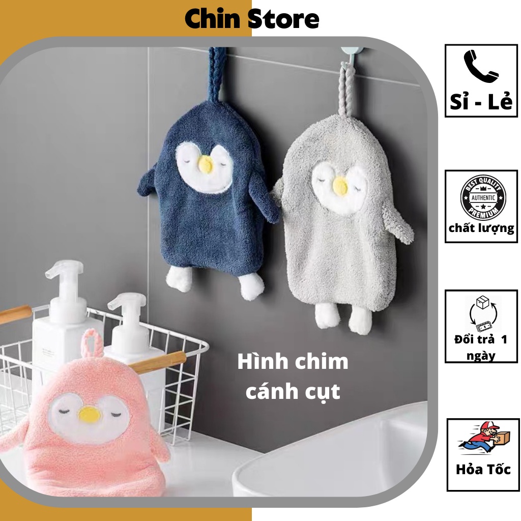 Khăn lau tay lông cừu phòng bếp, phòng tắm hình chim cánh cụt siêu thấm nước , mềm mại treo tường 24*23cm