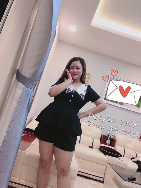Set Áo Peplum Tay Voan Cổ Thêu Kèm Quần Short BigSize 65-85Kg [Hình Thật Chính Chủ]