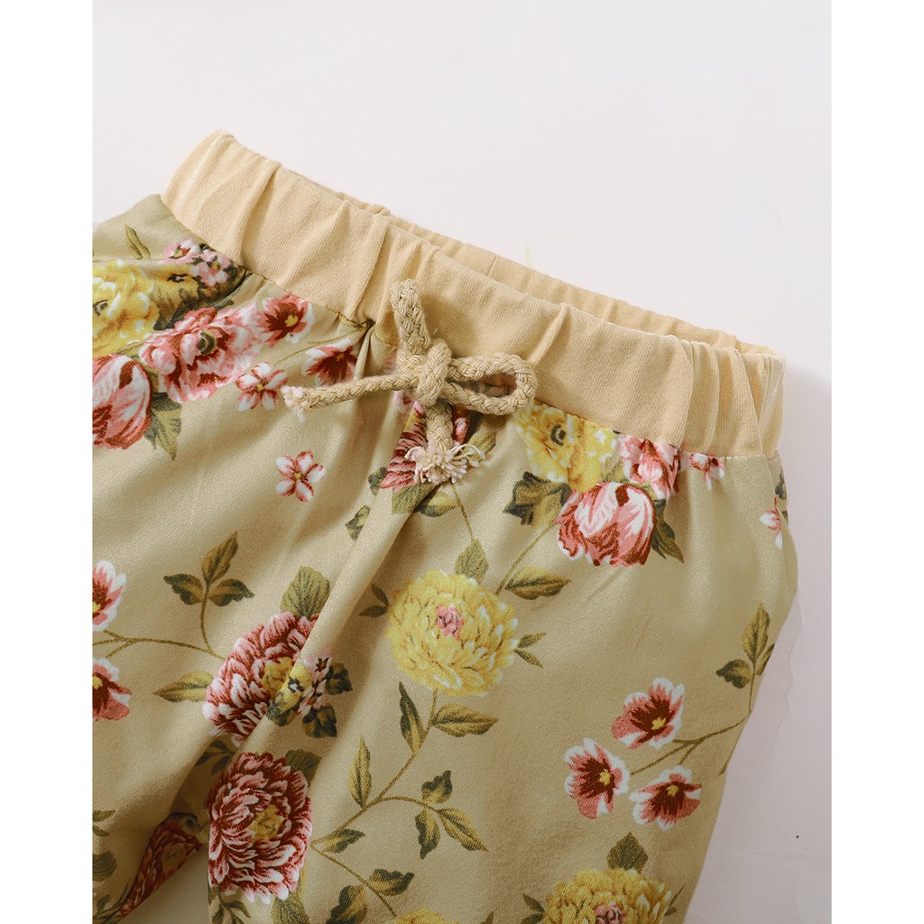 Bộ áo liền quần Mikrdoo hoạ tiết in chữ cái tay ngắn và quần hoa xinh xắn kèm băng đô dễ thương cho bé yêu