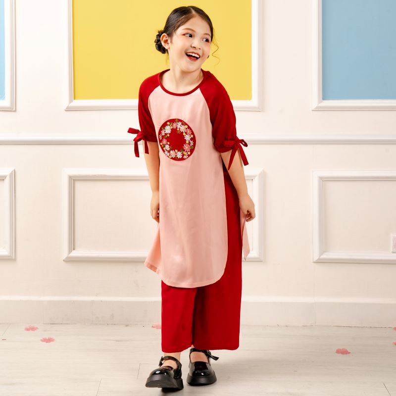 Áo dài tết cách tân màu đỏ cho bé gái, bé trai Econice G2. Size váy trẻ em 3, 4, 5, 6, 7, 8, 9, 10, 11, 12 tuổi