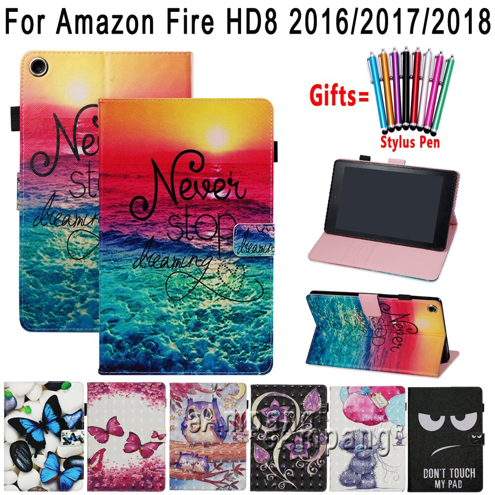 Smart Case for Amazon HD8 HD 8 2016 2017 2018 Fashion Painted Soft Shockproof Stand Flip Cover Tablet Shell