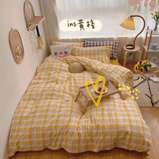 Bộ chăn ga gối poly nhập mẫu kẻ vàng hàn quốc