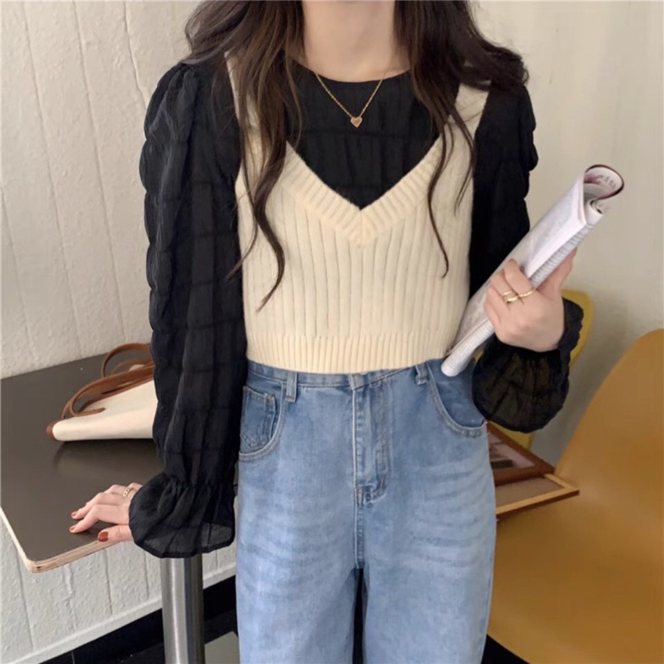 Set áo kiểu FM Style, áo cổ tròn DT kèm áo len croptop 2 dây 191_Trắng đen, form vừa, mang sexy, cá tính, quyến rũ