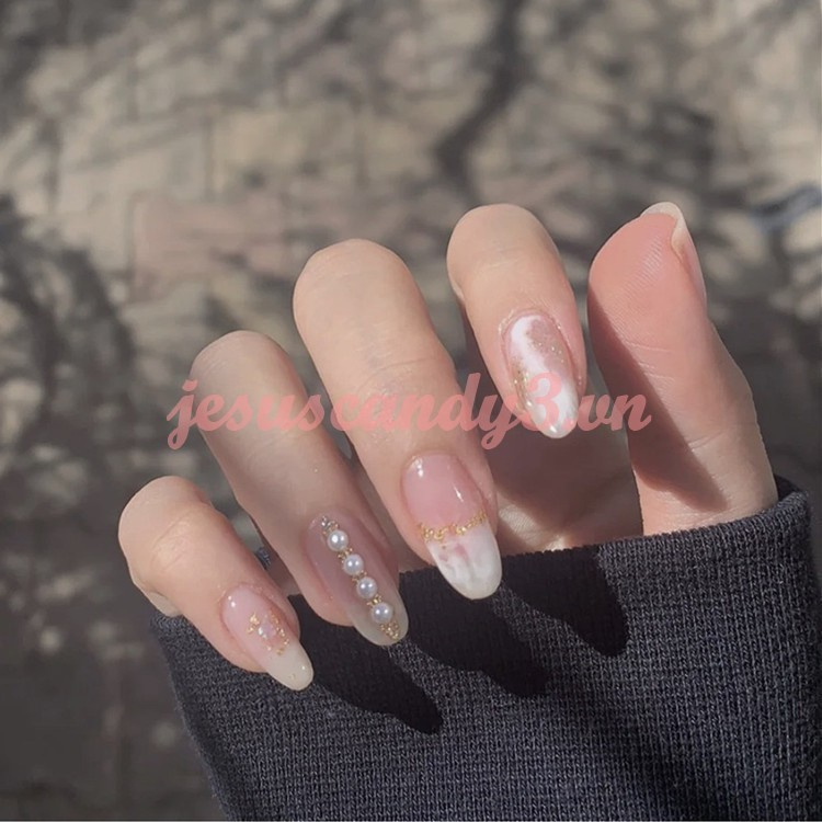 Ready Stock Set 24 móng tay giả đính ngọc trai giả phong cách Nhật kèm keo