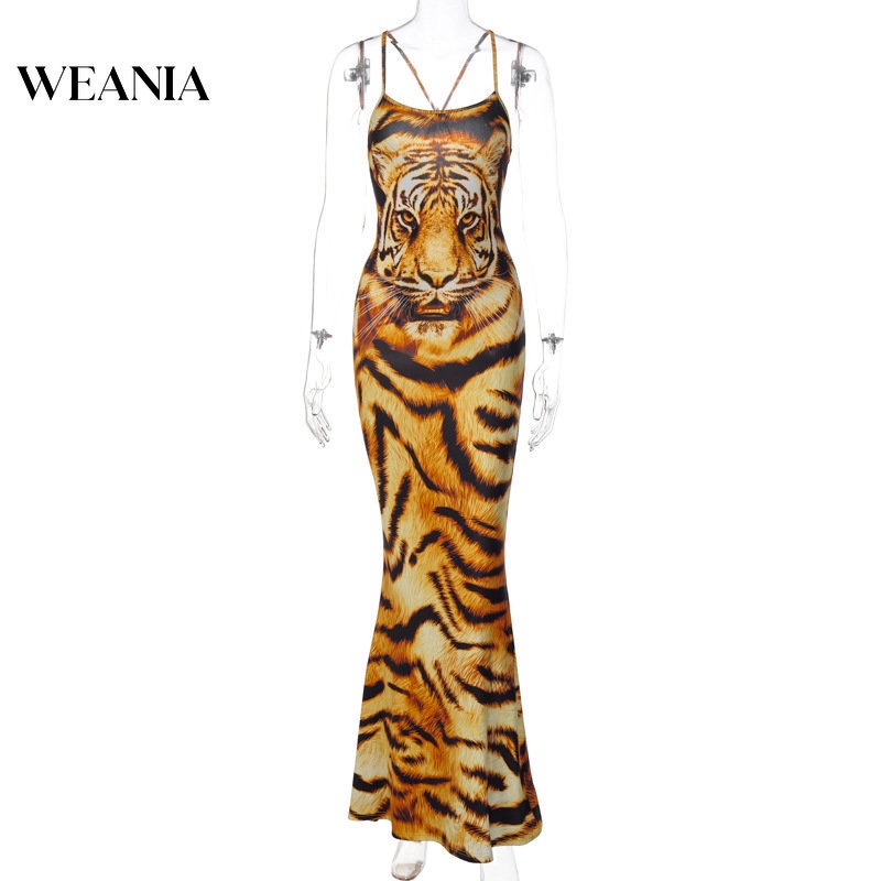 Đầm Hai Dây Dáng Dài Hở Lưng In Hoạ Tiết Hổ Trẻ Trung Xinh Xắn