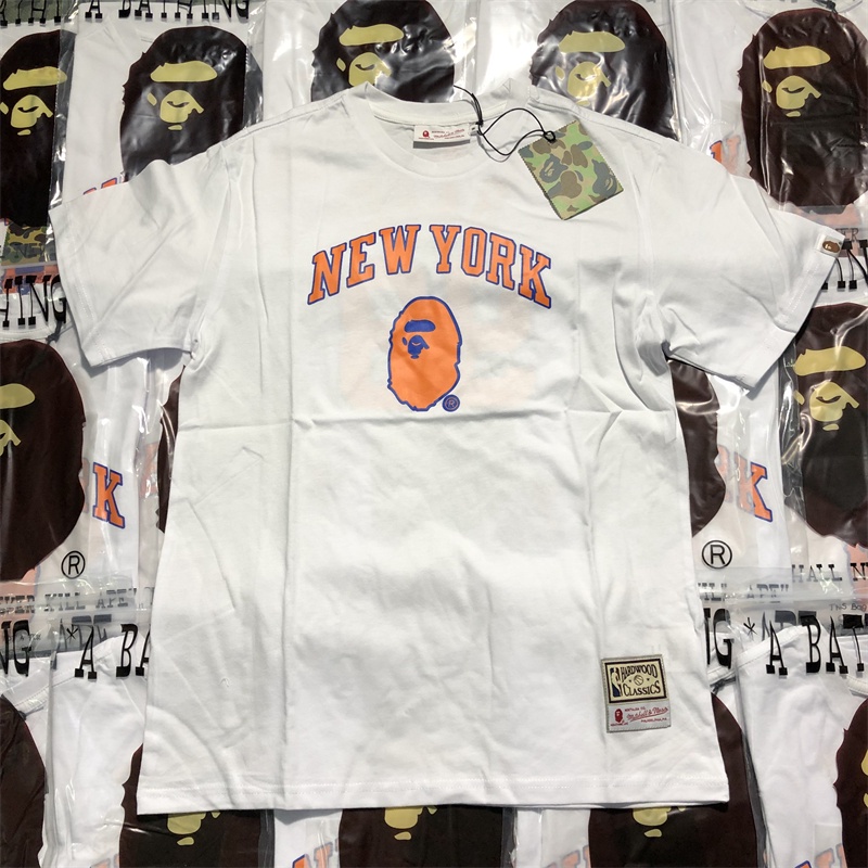 Áo Thun Bape * NBA Tay Ngắn Màu Trắng Vải Cotton In Hình Đầu Người Cho Cặp Đôi
