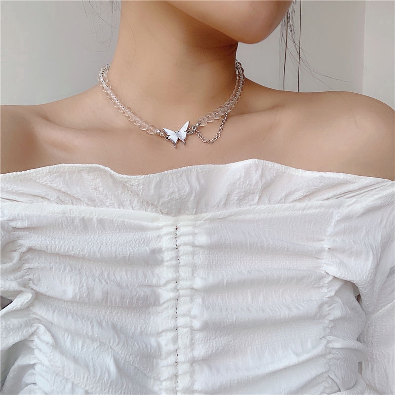 Dây chuyền xỏ hạt trong suốt phối mặt bướm thanh lịch