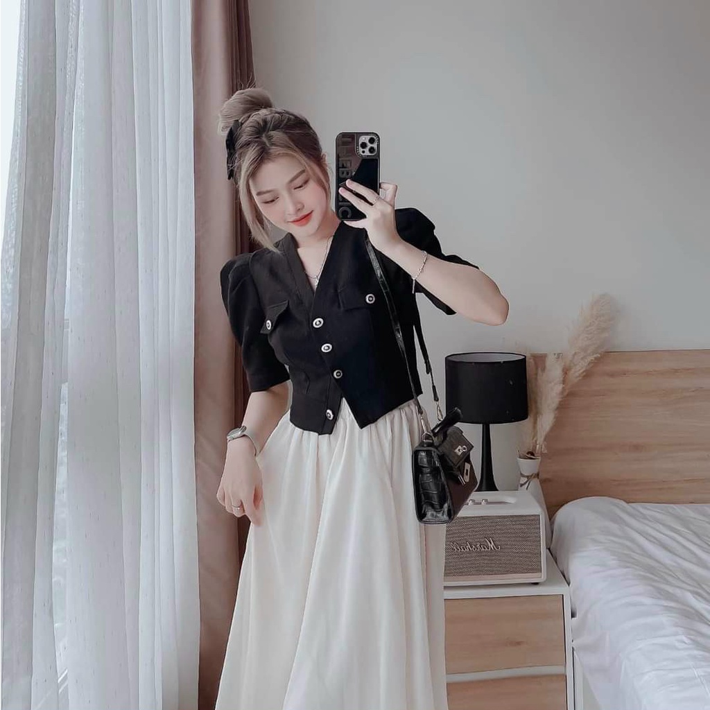 Set bộ croptop áo tay bồng mix chân váy thiết kế dáng xòe dài (có lót) tinh tế sang chảnh dự tiệc dạo phố  XM MINH PHÚC