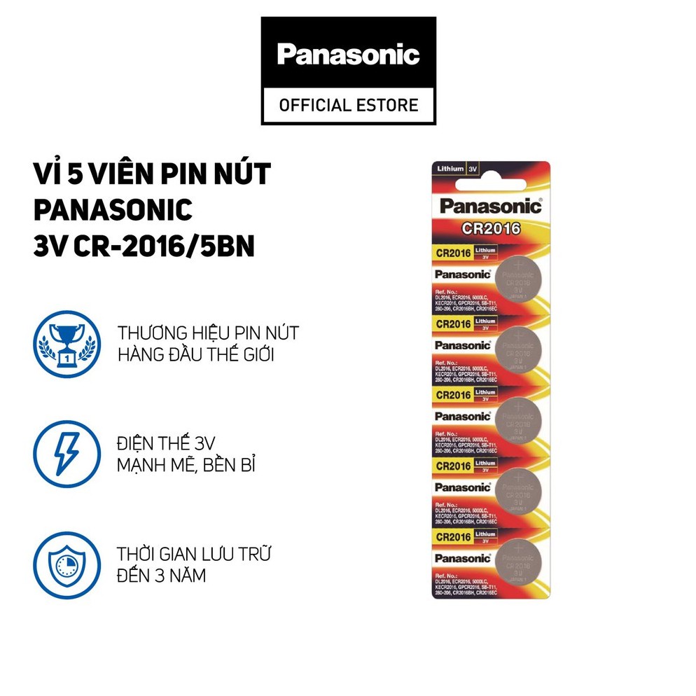 Vỉ 5 viên Pin nút Panasonic 3V CR-2016/5BN - Hàng Chính Hãng