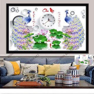 Tranh đính đá ‼️ TỰ LÀM ‼️ ( giá sỉ) đồng hồ Cha Mẹ chim công Vs214, kích thước 90x55cm