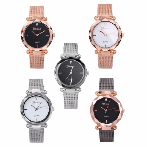 ĐỒNG HỒ NỮ DÂY LƯỚI GENEVA MẶT 3D D308 KHÓA CÀI SANG CHẢNH | BigBuy360 - bigbuy360.vn