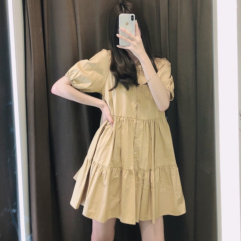 [Có ảnh thật] Đầm sơ mi babydoll xếp tầng cổ đức tay bồng