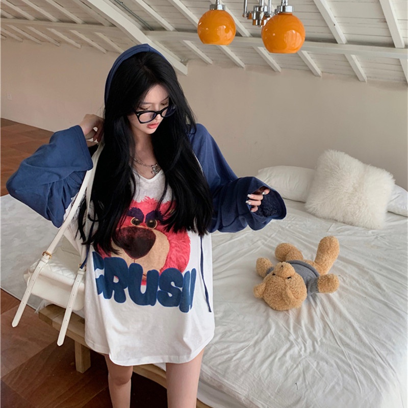 Áo Thun Hoodie Tay Dài Dáng Rộng In Hoạt Hình Dễ Thương